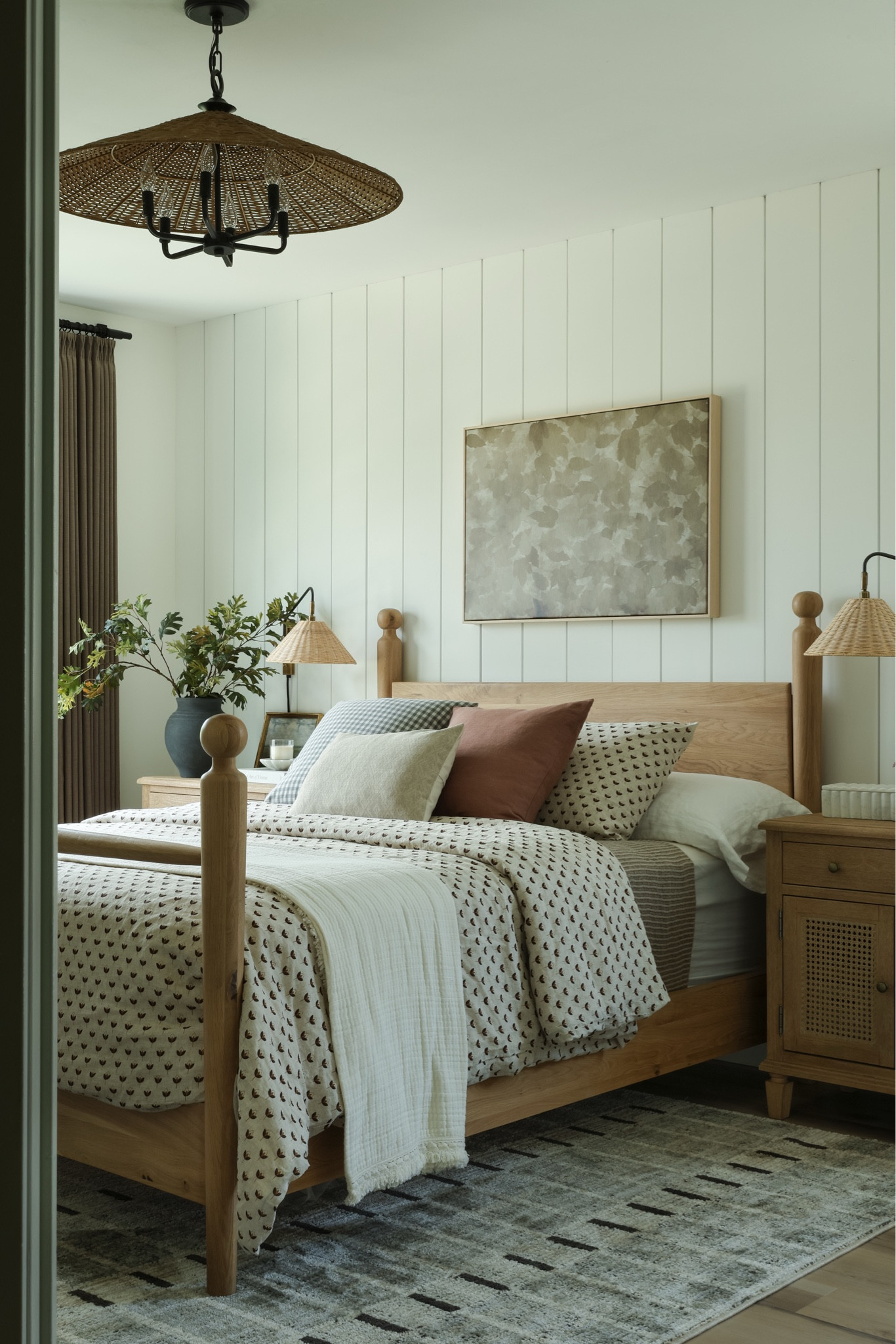 Organic neutral bedroom Inspo. 

Wooden bed, four poster bed, canvas wall art, neutral wall art, cane nightstand, Sausalito nightstands, Loloi rug 