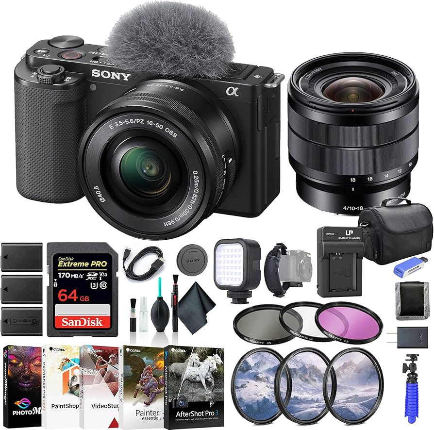 Sony ZV-E10 Mirrorless Camera with 16-50mm Lens Black ILCZV-E10L/B, Sony E 10-18mm Lens, 64GB Mem... | Amazon (US)