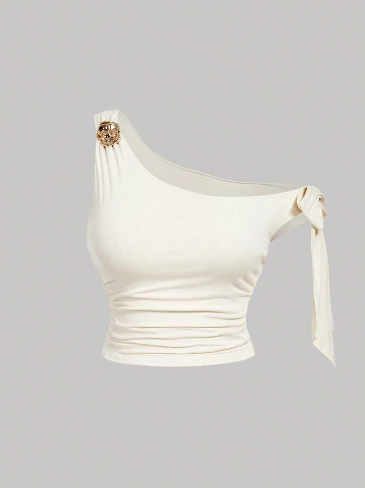 SHEIN MOD Plus Size Women Apricot Mesh Oblique Shoulder Metal Flower Decor Crop Top,Irregular Off... | SHEIN