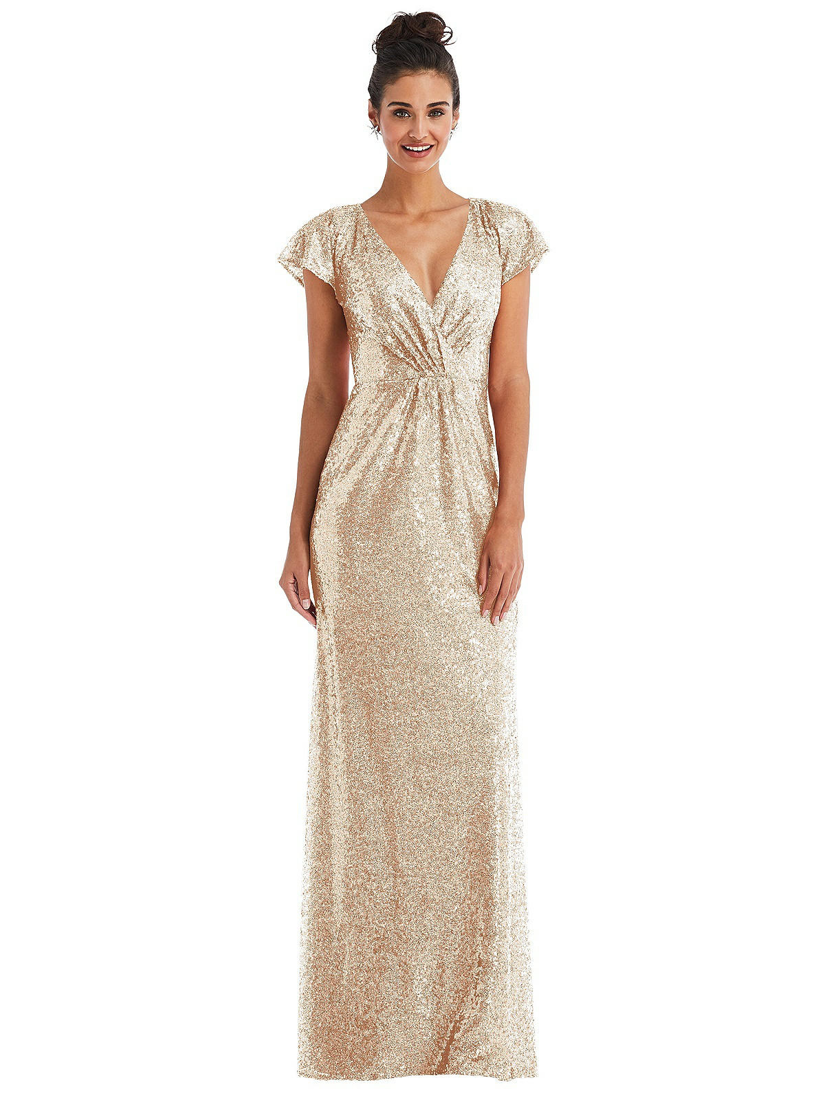 Cap Sleeve Wrap Bodice Sequin Maxi Dress | The Dessy Group