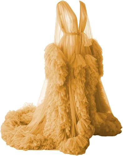 Women's Maternity Tulle Dress for Photoshoot Tulle Robe Puffy Sheer Tiered Bridal Lingerie Bathgown Dressing Gown with Train Gold XXXXL | Amazon (US)