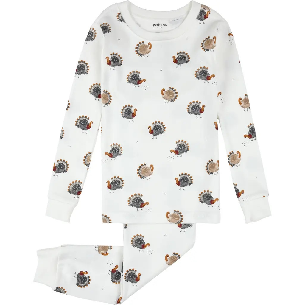 Petit Lem Kids' Turkey Print Fitted Two-Piece Organic Cotton Rib Pajamas in Off White at Nordstrom, Size 4 | Nordstrom