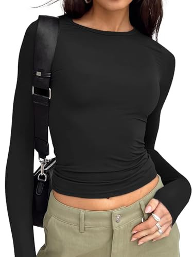 Trendy Queen Womens Long Sleeve T Shirts Fall Fashion 2026 Basic Crop Tops Going Out Outfits Y2k ... | Amazon (US)