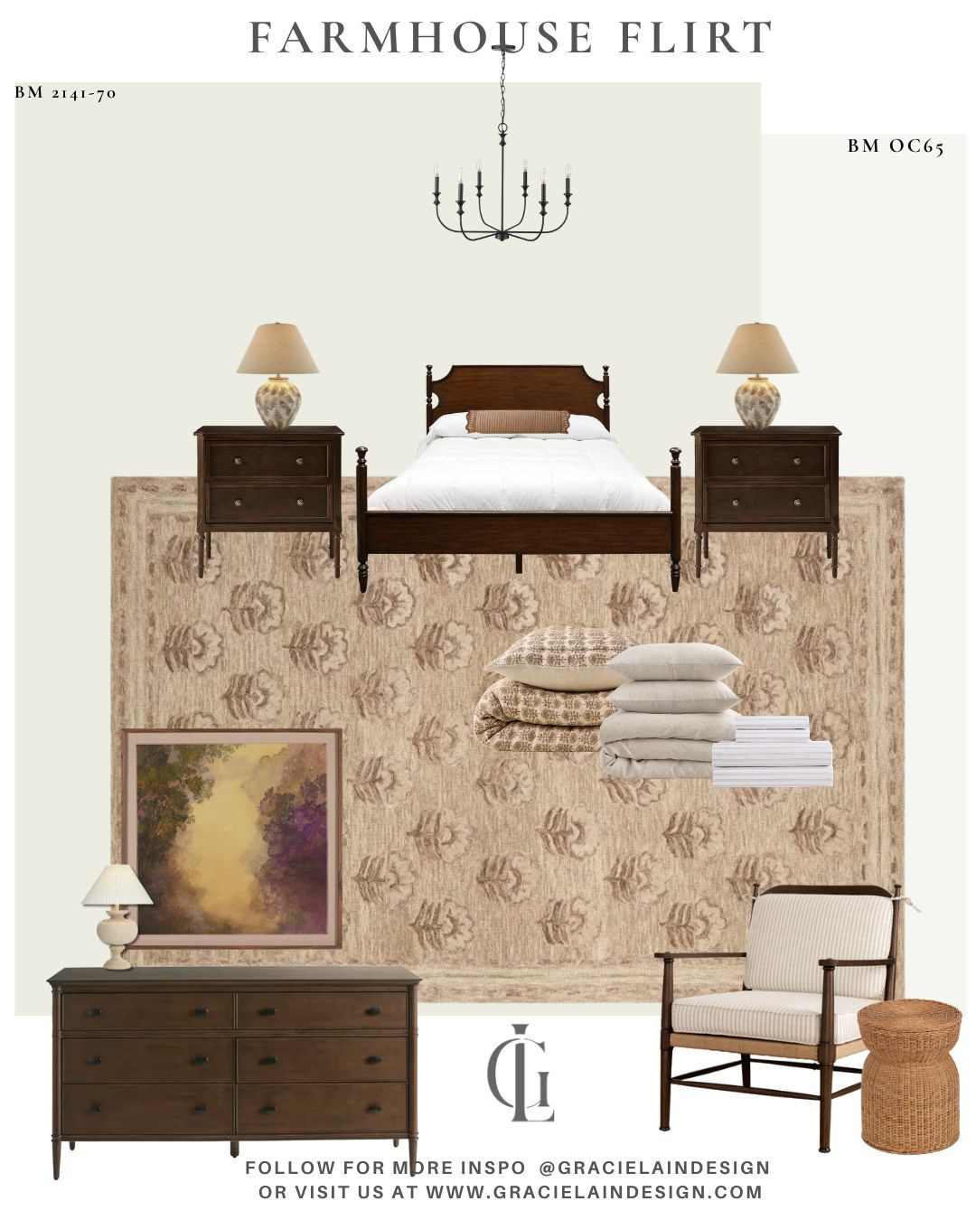 🌿 Soft light drifts across milky walls, settling into the warmth of rich wood tones and the quiet contrast of metal accents. This bedroom leans gently into farmhouse charm without losing its sense of refinement—where soft stripes, sweet linens, and natural textures layer effortlessly. A subtly patterned wool rug grounds the space, while a serene landscape painting invites a moment of pause.

It’s the kind of room that doesn’t ask for attention—it earns it. Cozy, calming, and thoughtfully collected, every detail feels like it belongs. The story continues in the way the textures meet, the way the light changes throughout the day, and how easily the space welcomes you to slow down and stay awhile.

Discover more spaces that feel like home at gracielaindesign.com

#FarmhouseStyle #ModernFarmhouse #BedroomInspo #CozyHome #InteriorDesign #NeutralHome #LayeredLiving #HomeDetails #WarmMinimalism #TexturedSpaces #DesignInspiration #GracielainDesign 

 #LTKHome #LTKSaleAlert
