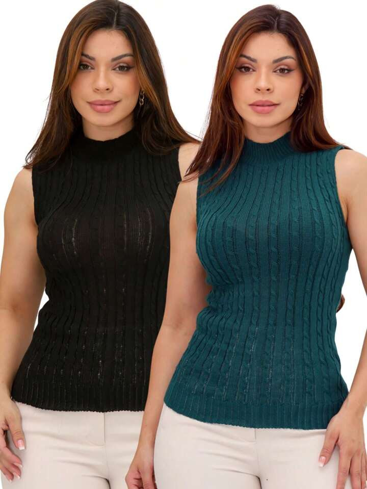 Kit 2 Blusa Regata Feminina Tricot Gola Media Trançada blusinha tricô moda casual trabalho rega... | SHEIN