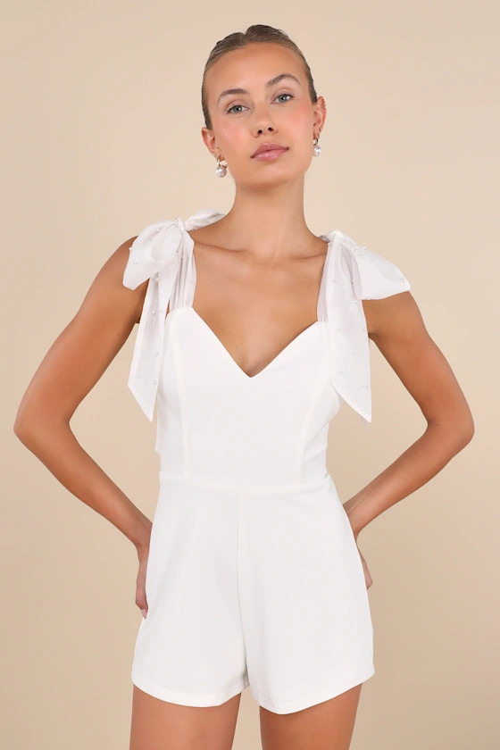 Certainly Aglow White Organza Pearl Tie-Strap V-Neck Romper | Lulus