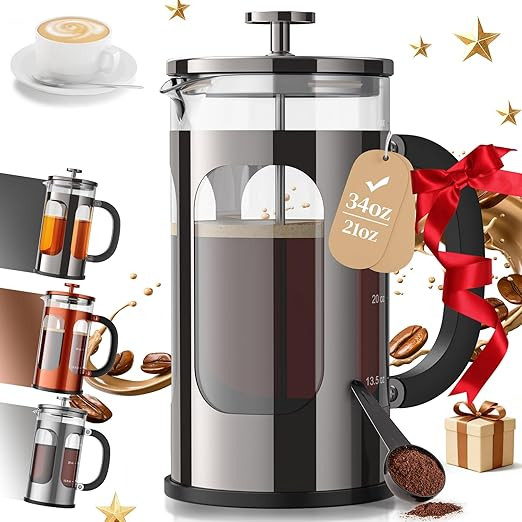 Veken French Press Coffee Maker 34oz,No Plastic Touching Cafe,Thickened Borosilicate Glass Stainl... | Amazon (US)