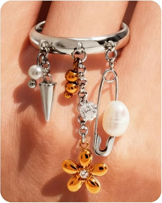 QREED 1Pc Fashion Two-color Dangle Ring Cute Silver Band Rings with Pearl Flower Charms Tassel Ch... | Amazon (US)