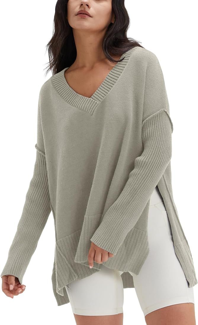 DEEP SELF Women's V Neck Oversized Sweaters Long Batwing Sleeve Split Hem Pullover Asymmetric Loo... | Amazon (US)