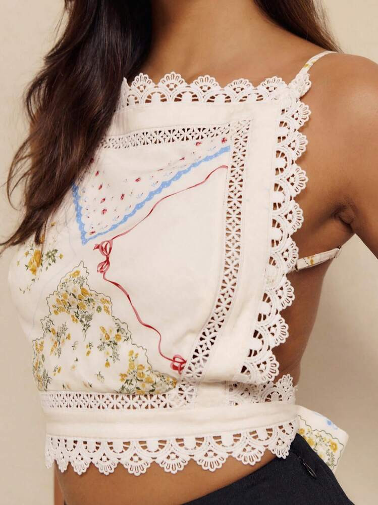 Women's Floral - Print Lace - Trimmed Spaghetti - Strap Crop Top For Summer Casual Gatherings Outings | SHEIN