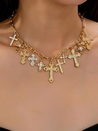 1 Pc Cross Charm Necklace For Women , Chunky Curb Chain Necklace With Multi Cross Charms , Women Cross Jewelry | SHEIN