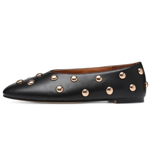 RBTHOLP Studded Flats for Women Suqare Toe Slip on Suede Ballet Flats Comfortable Walking Studs Ballet Shoes Black Pu | Amazon (US)