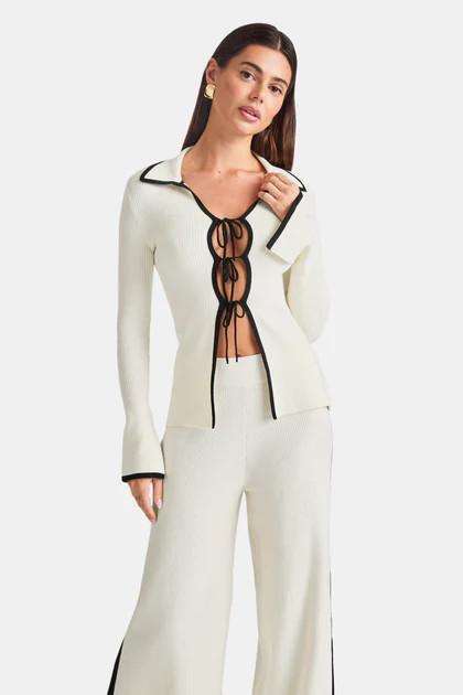 SLIM FIT LONG SLEEVE RIBBED KNIT TIE TOP - BUTTERMILK AND BLACK | TALA (UK)