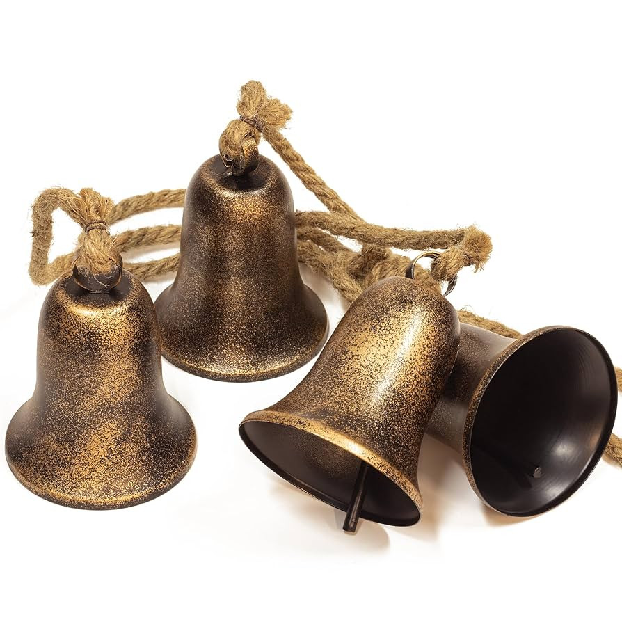 KI Store Triangular Christmas Bell Cluster 4pcs Hanging Metal Cow Bells on Jute Rope for Wreath G... | Amazon (US)