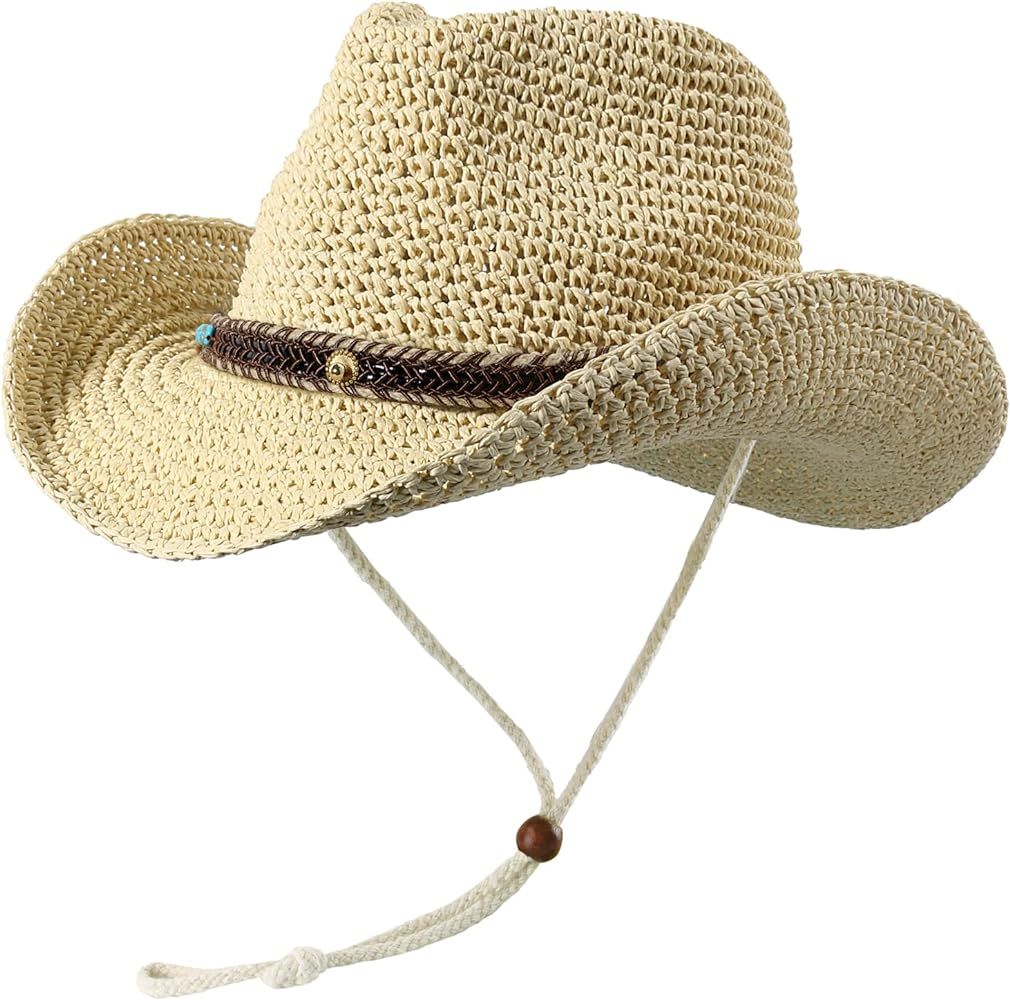 Straw Cowboy Hats for Women and Men, Western Cowgirl Straw Hat, Women Men Wide Birm Sun Summer Beach | Amazon (US)
