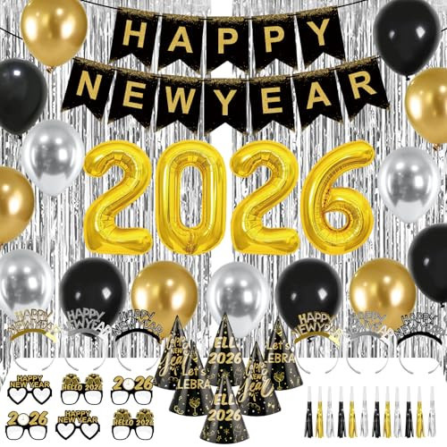 New Years Eve Party Supplies 2026 New Years Decorations Happy New Year Banner 2026 Balloons Hats Glasses Tiaras Squawkers Fringe Curtains for Party Decor Photo Props | Amazon (US)