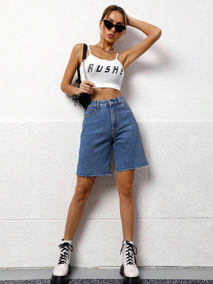 High Waist Raw Hem Denim Shorts | SHEIN