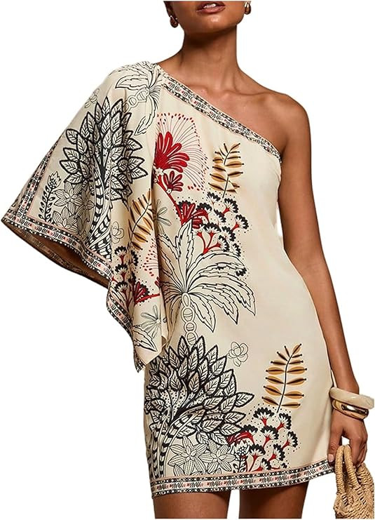 Floerns Women's Floral One Shoulder Mini Dress Dolman Sleeve Vacation Tunic Dresses | Amazon (US)