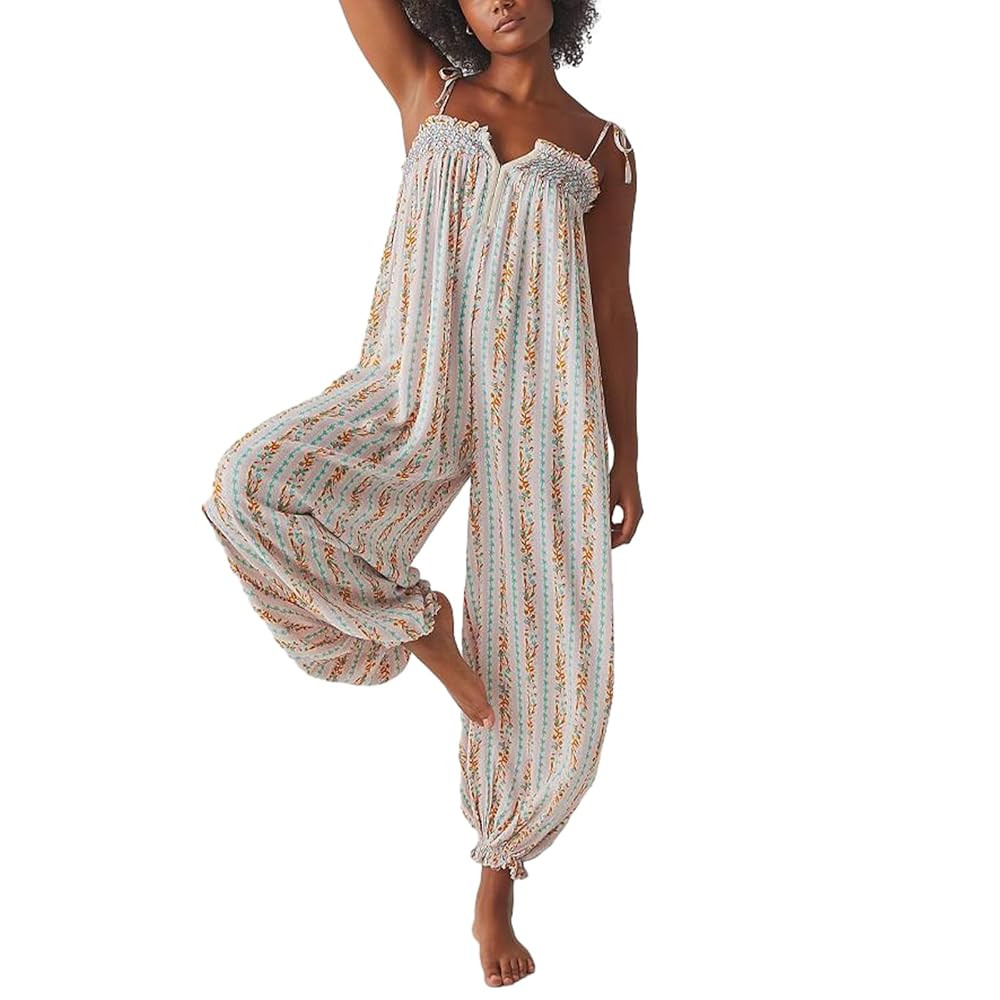 Women Boho Floral Loose Overalls Sleeveless Tie Up Boat Neck Ruched Spaghetti Strap Jumpsuit Bagg... | Amazon (US)