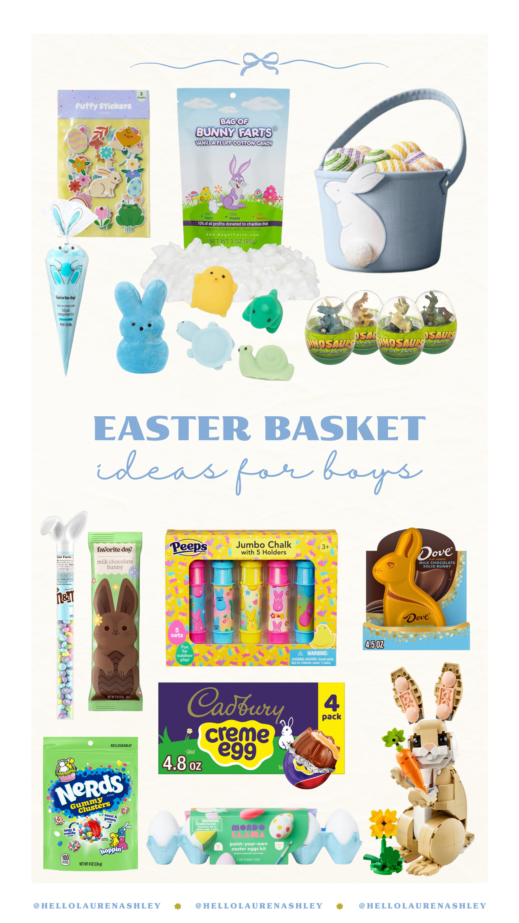 Easter basket ideas for boys! So many fun little fillers like dinosaur eggs, chalk, bunny treats, candy, stickers and cute toys to mix into their basket this year. I love doing a mix of fun toys and Easter sweets! 🐰 

 #LTKmomlife #LTKSeasonal #LTKKids