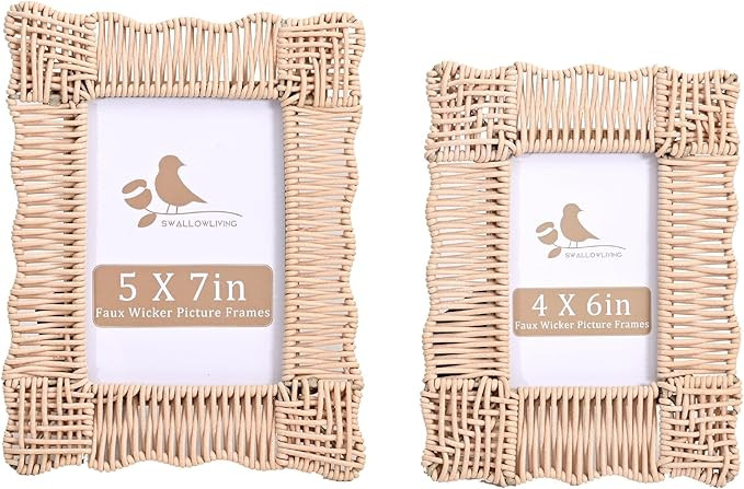 SwallowLiving Boho Farmhouse Faux Wicker Picture Frames Set of 2-5x7 & 4x6 Rustic Rattan Style Ph... | Amazon (US)