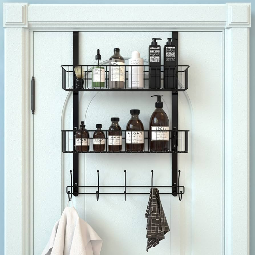 Aimeaihe Over The Door Hooks, Door Hanger Towel Rack with 5 Coat Hooks & 2 Mesh Basket, Over Door... | Amazon (US)