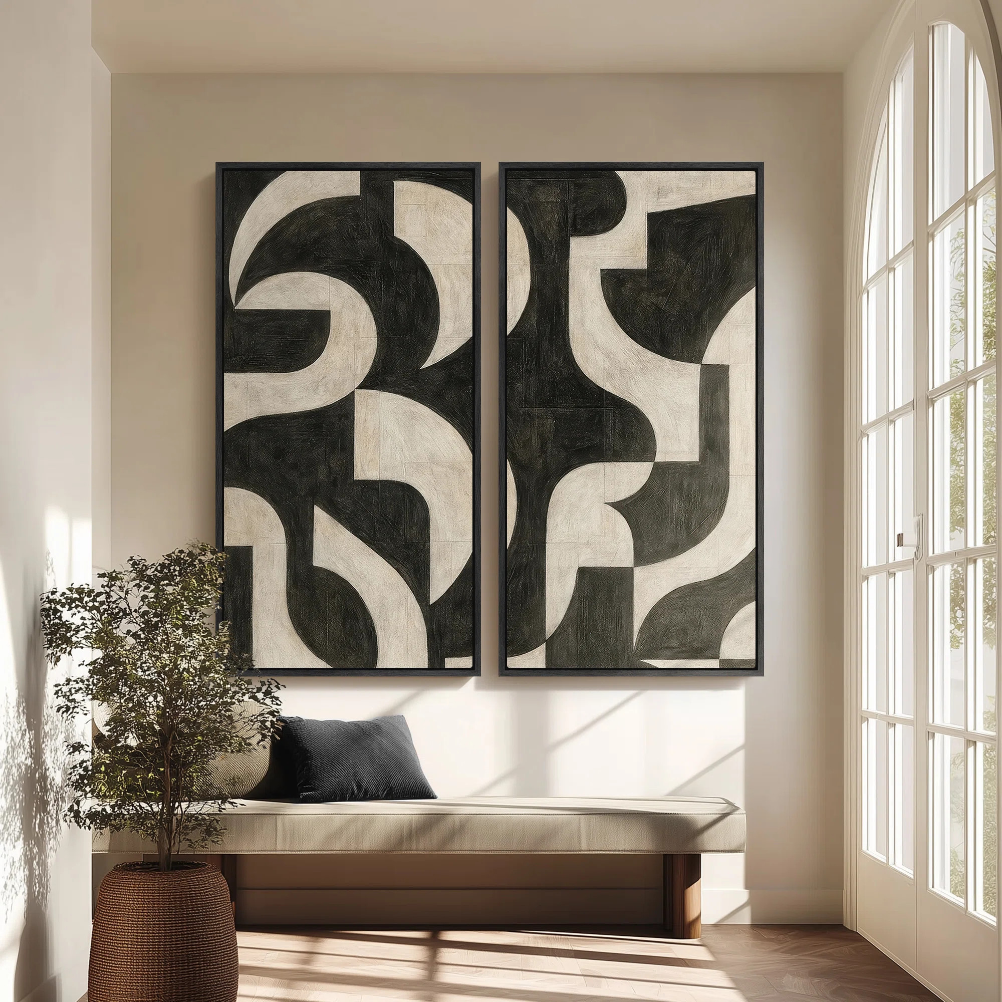 Large Framed Canvas Wall Art Set - Modern Geometric Pattern Black and Beige Abstract Shape Contem... | Wayfair North America