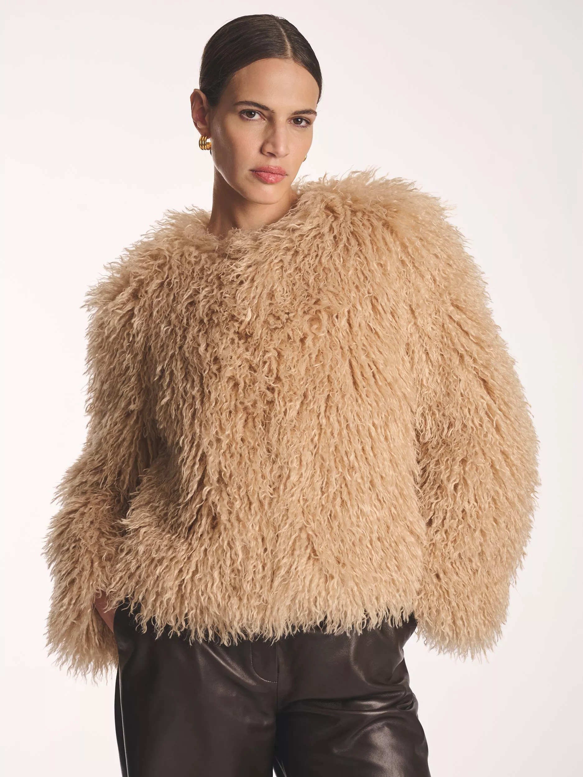 Amanda Wakeley Mongolian Faux Fur Jacket, Toffee | John Lewis (UK)