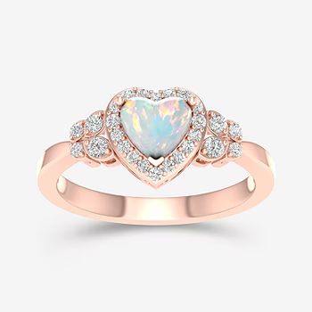 Womens Genuine Opal & 1/5 CT. T.W. Genuine Diamond 10K Rose Gold Heart Cocktail Ring | JCPenney