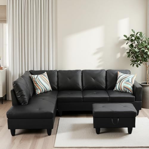 Trygoal L-Shaped Sectional Sofa with Movable Chaise & Storage Ottoman, Leather 3-Piece Modular Convertible Couches for Living Room, Black | Amazon (US)