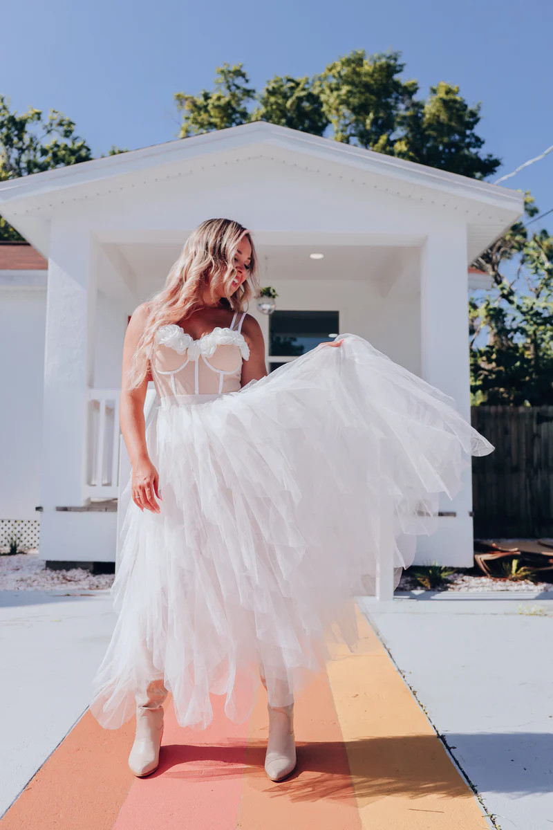 Romantic Rose Tulle Bodysuit Dress - White | Whiskey Darling Boutique