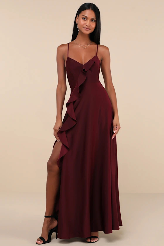 Stylish Grace Dark Plum Backless Lace-Up Ruffled Maxi Dress | Lulus
