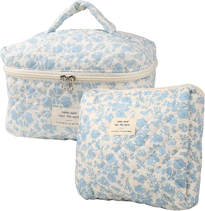 NATINSA Cute Makeup Bag for Women(2 Pcs), Travel Cosmetic Bags, Quilted Coquette Aesthetic Floral... | Amazon (US)