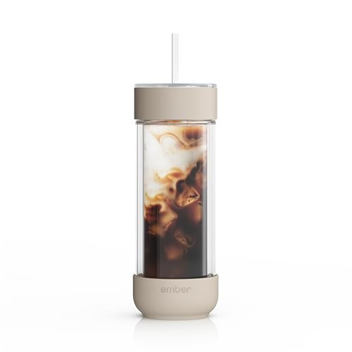 Ember Cold Tumbler 16 oz – Insulated Glass Iced Coffee Cup with Straw & Spill-Proof Lid, Keeps Drinks Cold, Eliminates Condensation, Modern Double-Wall Design, Sandstone | Amazon (US)