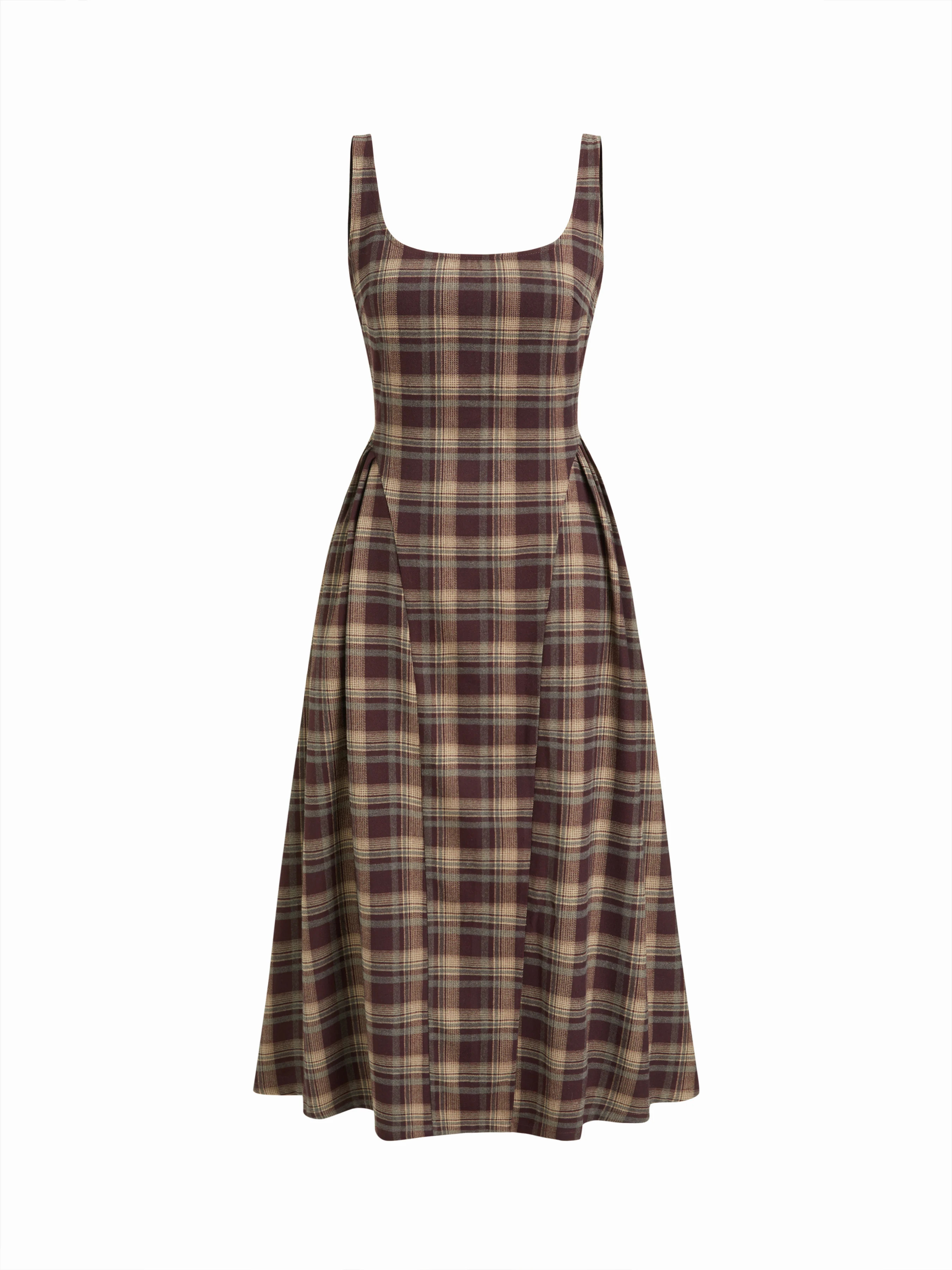 Square Neck Check Pleated Zipper Maxi Dress | Cider