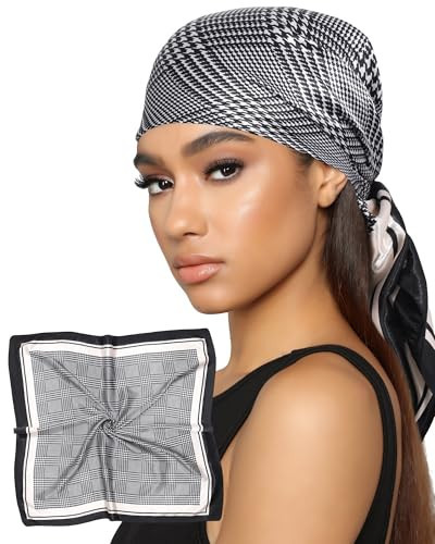 AWAYTR 35” Satin Head Scarf for Women Like Silk Scarf for Hair Scarf Satin Hair Bandana Women Headscarf Hair Wrap Scarf Neck (Plaid - Black + White) | Amazon (US)