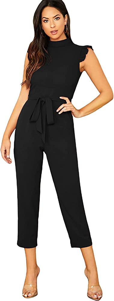 WDIRARA Women's Sleeveless Mock Neck Ruffle Trim Belted Cropped Jumpsuit Romper | Amazon (US)