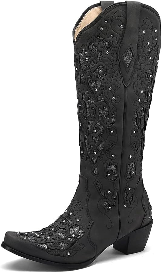 Tscoyuki Women's Rhinestones Western Knee High Boots, Embroidery Pointed Toe Chunky Block Heel Co... | Amazon (US)