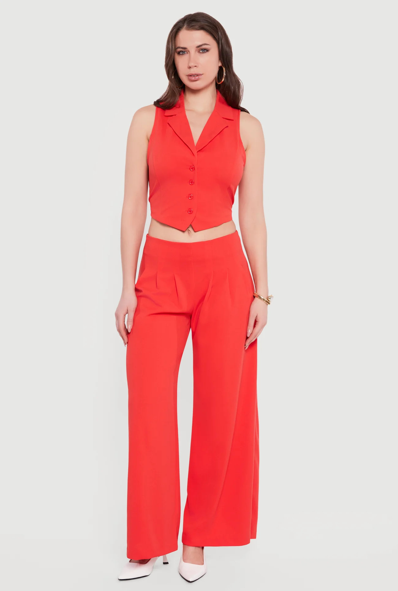 Solid Crepe Knit Pleated Wide Leg Palazzo Pants | Rainbow Shops