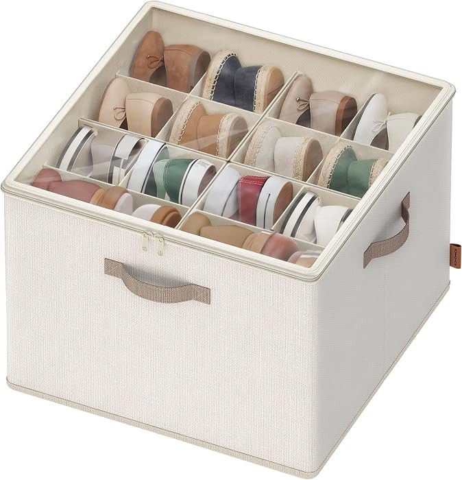 SONGMICS Shoe Organizer for Closet, Fabric Shoe Organizer Box with Adjustable Dividers, Storage Compartments, Stackable, Transparent Lid, for up to 16 Pairs, Cappuccino Beige ULSP621LH01 | Amazon (US)