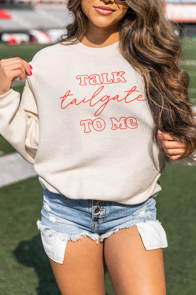 Talk Tailgate To Me Ivory Corded Graphic Sweatshirt | The Pink Lily Boutique