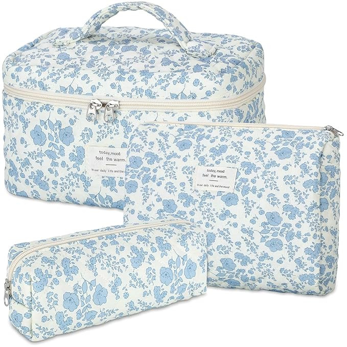 senbowe Floral Makeup Bag, 3 Pack Large Cotton Quilted Makeup Bag Set, Cute Floral Coquette Aesth... | Amazon (US)
