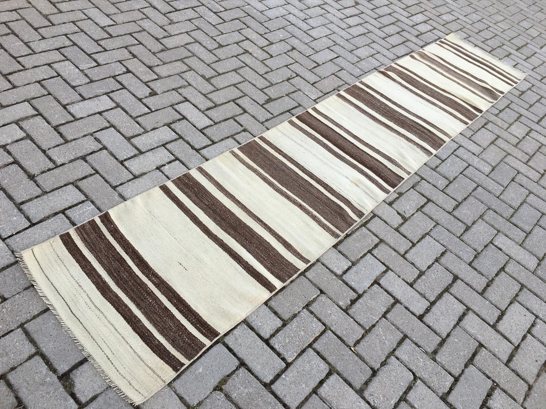 Vintage Turkish Striped Runner Rug: Handmade Wool Kilim (2x10) - Etsy | Etsy (US)
