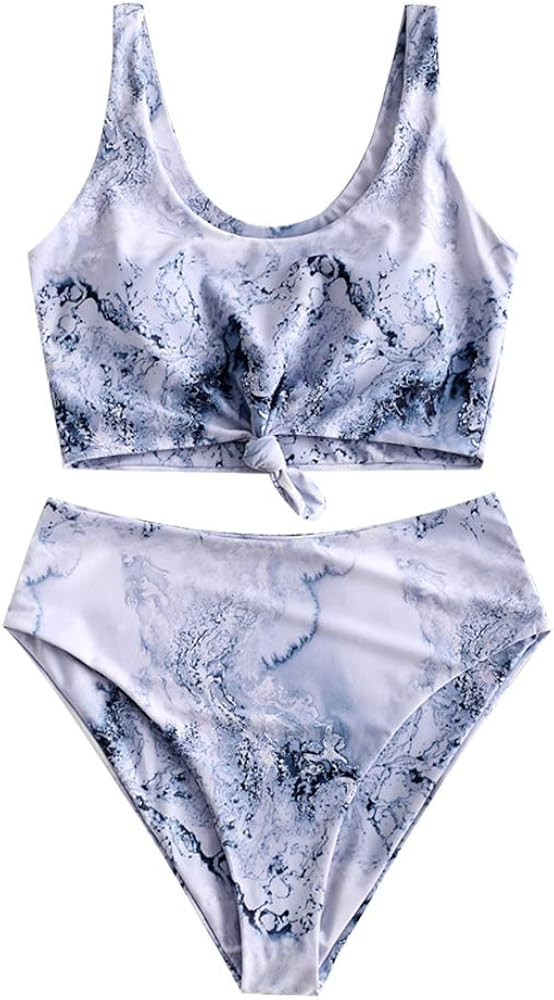 ZAFUL Women's High Waisted Bikini Scoop Neck Swimsuit Two Pieces Bathing Suit | Amazon (US)