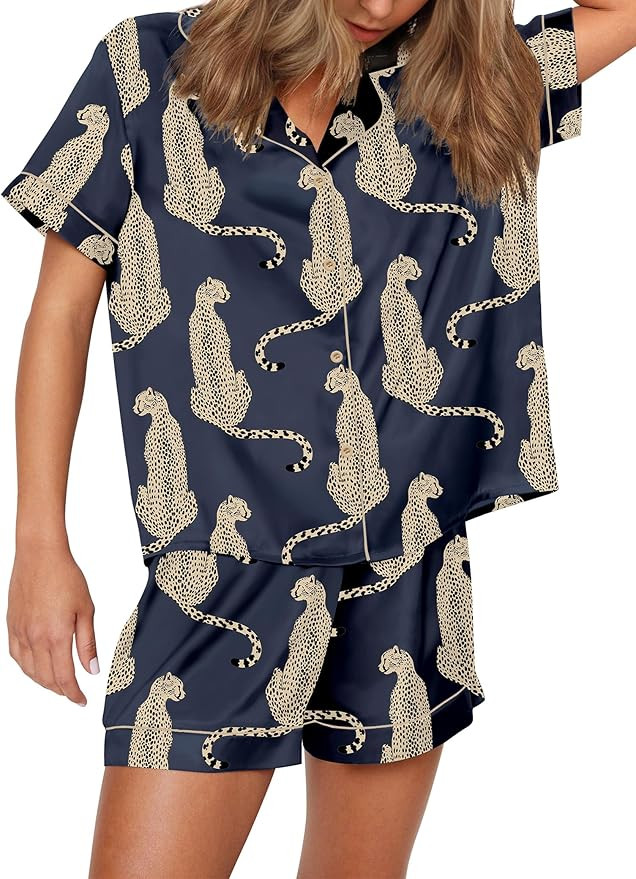 Satin Pajamas for Women Set Preppy Animals Pjs Short Sleeve Shorts 2 Piece Loungewear Sets XS-XXL | Amazon (US)