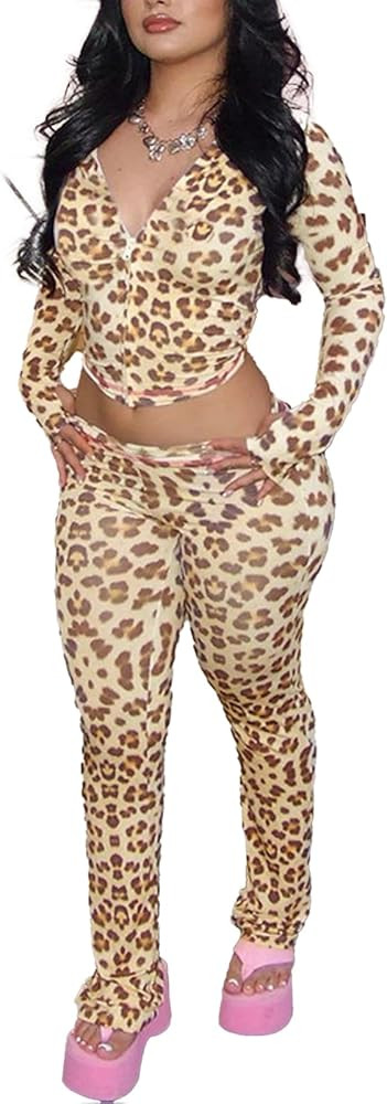 Women's 2 Piece Sets Leopard Print Long Sleeve Zip Hoodie Jacket Flare Pants Fall Cheetah Print G... | Amazon (US)