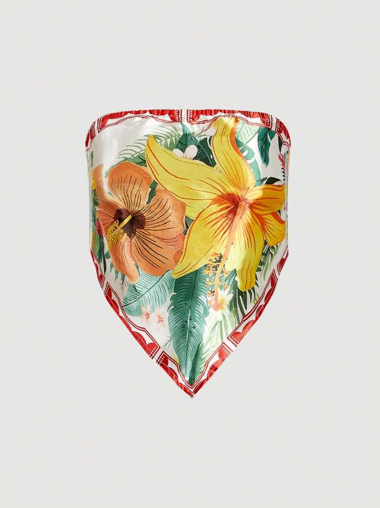 SHEIN MOD Plus Size Women's Floral Print Knotted Bandeau Asymmetric Hem Cropped Top, Bandana Bandeau Top, Summer Scarf Top, Hawaiian Bandeau Top, Back Bow Strap Bandeau Top, Women's Bandeau Top\ Tropical Tube Top\ Hawaiian Tube Top\ Floral Tube Top | SHEIN
