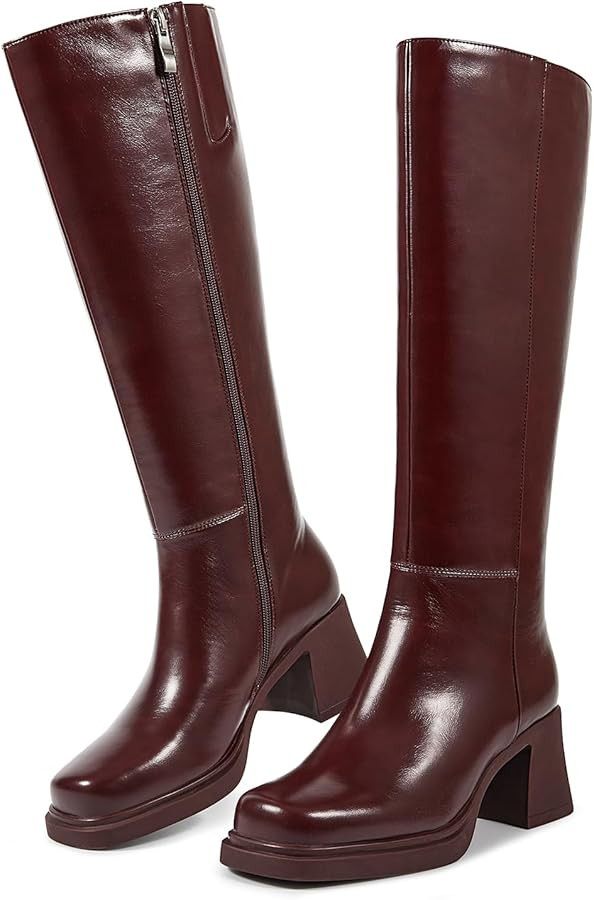 ISNOM Platform Knee High Boots for Women Chunky Heel Boots Long Boots Tall Boots Square Toe With ... | Amazon (US)