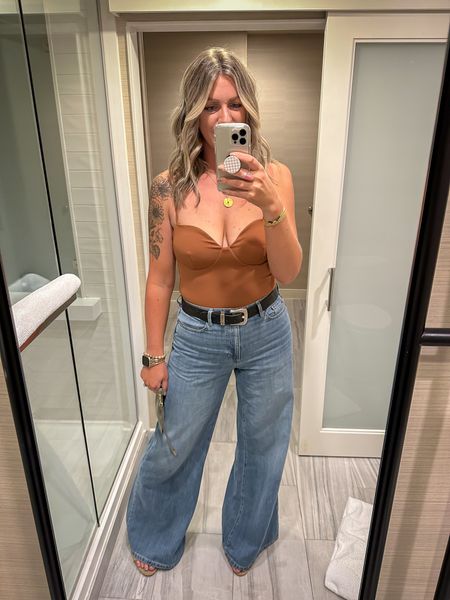 20 year high school reunion outfit 
Bodysuit - medium, on sale and more colors
Jeans - 31 tall, run small had to size up. Comes in more colors but also linked similar styles available in lengths
Belt is vintage, linked similar 

#LTKmidsize #LTKsalealert
