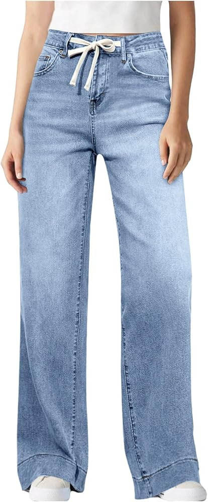 Wide Leg Jeans for Women Casual High Waisted Strechy Straight Leg Loose Tummy Control Denim Pants... | Amazon (US)